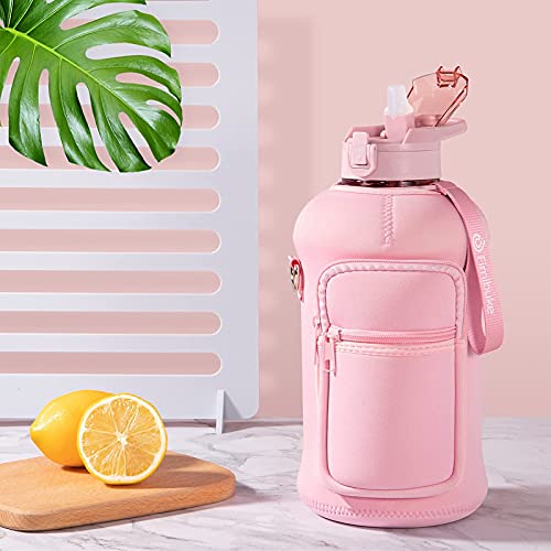 Fimibuke Half Gallon Water Bottle With Sleeve 64 Oz Water Bottle With Handle & Straw Leakproof Motivational Sports Gym Water Bottle With Time Marker Bpa Free Water Jug With Neoprene Holder - Rose Pink #TOP4