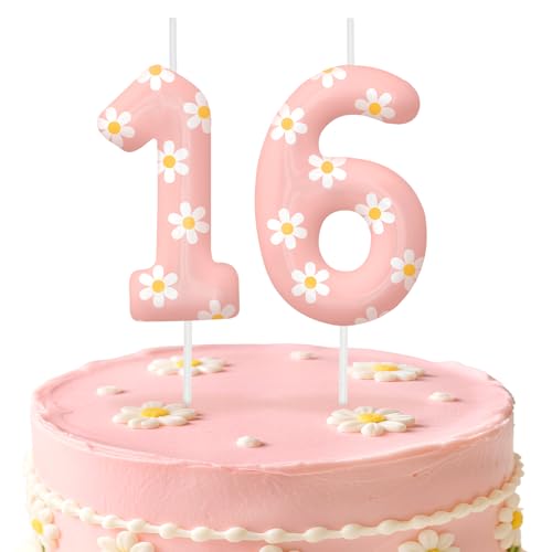 Pink Number 16 Birthday Candles, Daisy Flower Themed Cake Topper for Boys Girls Cake Decorations, Birthday Decorations Party Supplies, Number Candles for Party Decor