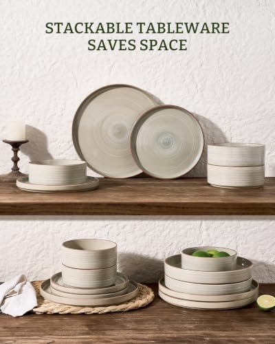Image of Famiware Stellar Stoneware Dinnerware Set, 12-Piece, Double Reactive Glaze, Plates and Bowls, Service for 4, Microwave and Dishwasher Safe, Scratch-Resistant, Matcha Green