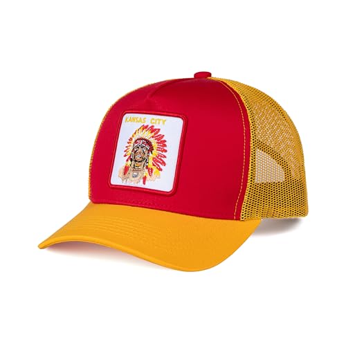 City-Flex Kansas City Football Fan Patch Trucker Hat - Netted Snapback Baseball Cap with Team Design for Men & Women (Red/Yellow - Chief)