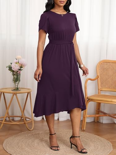 Image of PerZeal Women's Summer Dress Casual Ruffle Sleeve Crewneck A-Line Tiered Flowy Short Sleeve Long Dress with Belt