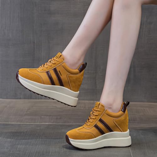 Image of Platform Sneakers for Women High Hidden Heel Wedge Sneakers Fashion Leather Chunky Lace up Wedge Tennis Shoes Increasing 3.94 inch
