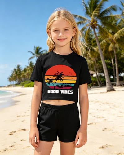 Image of DDSOL Girls Crop Tops Summer Palm Tree Sunset Beach Shirt Hawaii Short Sleeve Tropical Tshirts for Teen Girl 6-14 Years