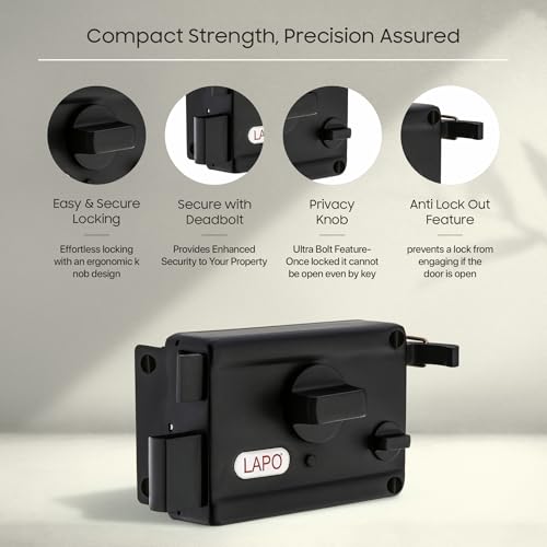 Image of LAPO Rim Lock, Applicable to Main & Safety Doors, TwinPin Extreme Dead Bolt Lock, Suitable for Single, Sliding & Gate Doors, Black Finish, 3 Keys, Reversible Knob, 3 Years Warranty