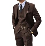 Retro Herringbone Tweed Suits for Men 3 Pieces Prom Suit Set Classic Tuxedo Slim Fit Mens Suits Formal Autumn Winter Jacket Pants Set Dark Brown S