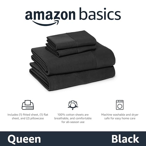 Image of Amazon Basics 100% Cotton Jersey Bed Sheet Set, Queen, Black, Solid