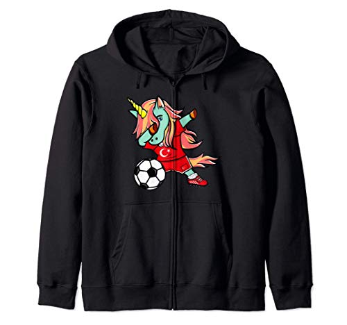 Funny Dabbing Unicorn Turkey Football - Turkish Flag Soccer Zip Hoodie, Black