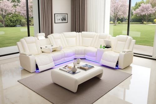 Image of Power Leather Recliner Sectional Sofa with LED Lights for Living Room, L Shaped Reclining Sectional Sofa, Modular Leather Couch with Coffee Table /Hidden Storage for Home Theater Seating