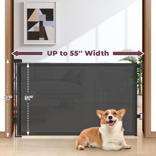 Image of Retractable Baby Gates 2 Pack, 55 inch Wide Mesh Dog Gate Indoor | 34 inch Tall Gate for Stairs Doorways Hallways Deck, Child Pet Safety Gate for Indoor Outdoor Home Use, Black