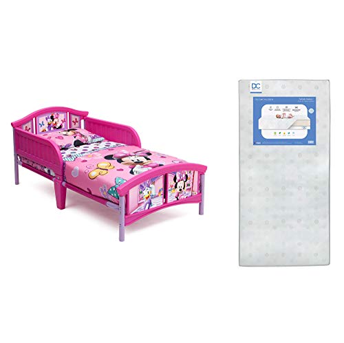 Image of Delta Children Plastic Toddler Bed, Disney Minnie Mouse Twinkle Galaxy Dual Sided Recycled Fiber Core Toddler Mattress (Bundle)