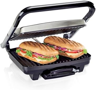 Hamilton Beach Panini Press, Sandwich Maker & Electric Indoor Grill, Upright Storage, Nonstick Easy Clean Grids, Stainless Steel (25410C)