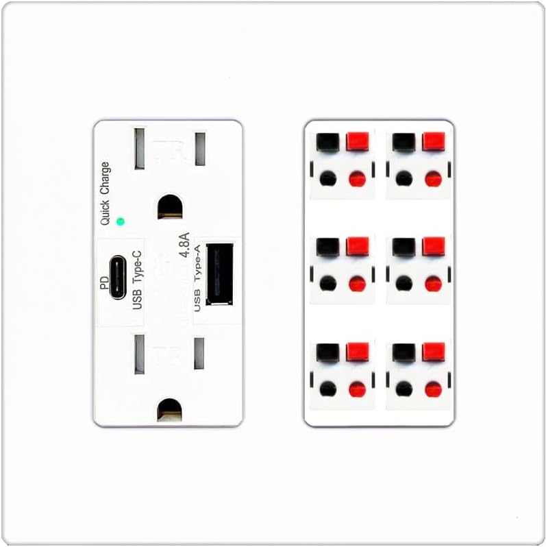 RiteAV 6 Port Speaker Wire Plug Jack Wall Plate - USB A+C Charger Outlet [Red/White]