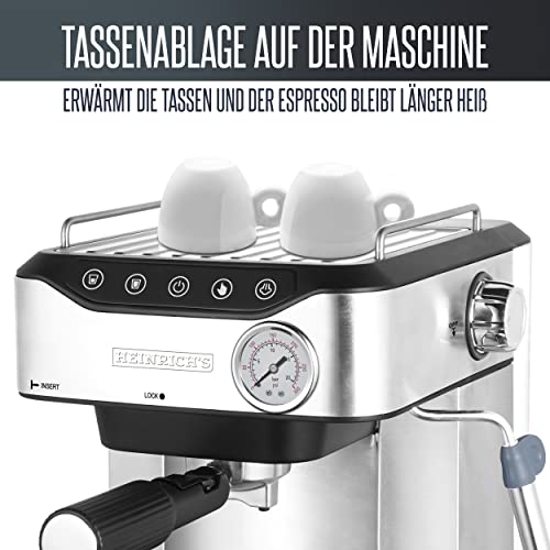 HEINRICHS Espressomaschine, Barista Siebträgermaschine mit 850W, 20 Bar Druck, Kaffeemaschine mit Milchaufschäumerstab, Doppelauslauf, abnehmbares Tropfgitter, 1.6Liter Wassertank, LED-Touch-Display – Bild 8
