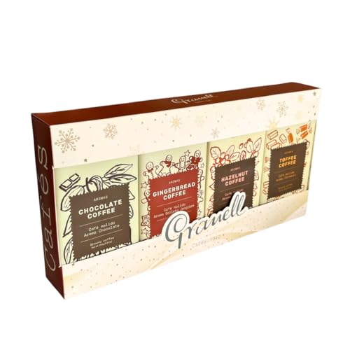 Cafés Granell – Pack Regalo Navidad Cafés de Aroma (Chocolate, Gingerbread, Avellana y Toffee) | 100% Arábica, Tueste Natural, Sin Gluten ni Azúcares Añadidos – 4x250g