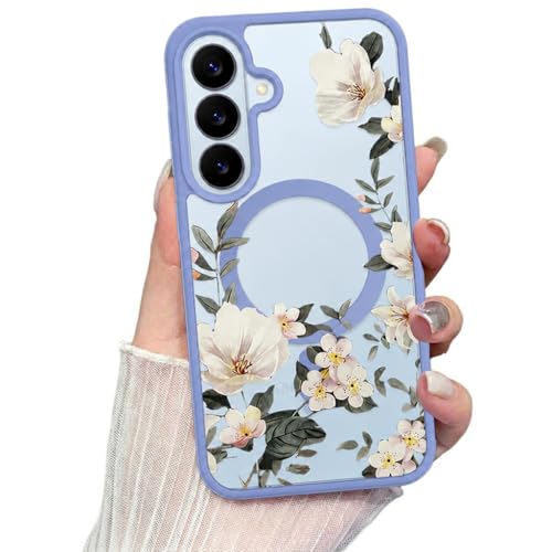 Image of VONZEE Compatible with Samsung Galaxy S26 5G Case Luxury Retro Flowers Floral Clear for Magnetic Wireless Charging Case Shockproof PC+TPU Cute Glossy Shiny Cover for Girls Women, Official Blue