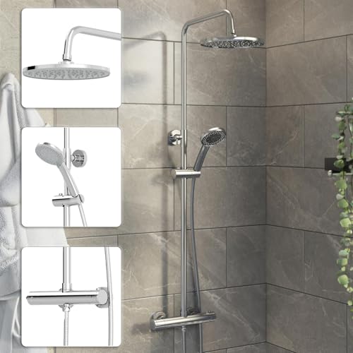 Architeckt® Thermostatic Shower Mixer Set with Rainfall Head Valve Adjustable Riser Rail Handset and Hose Showers Thermostat Round, Polished Chrome