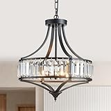Majhoiw Black Crystal Chandeliers for Dining Room, Round Rustic Farmhouse Chandelier with Metal Shade 4-Light Modern Pendant Lighting for Hallway, Bedroom, Foyer