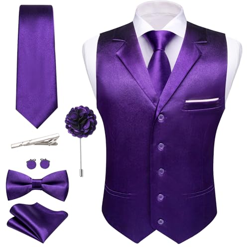 Barry.Wang Mens Purple Satin Formal Vest Lapel Collar Slim Fit Waistcoat Tie Bowtie Set Graduation