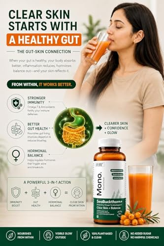 Image of Mono Bioholistic Sea Buckthorn Juice | For Acne, Pigmentation, Skin Balance & Glow | Lab Tested | Supports Immunity & Gut Health | Omega-3 6 7 9, Niacinamide( Vit B3) , Zinc & Curcumin 95% | 300ml | No Added Sugar Pack of 2