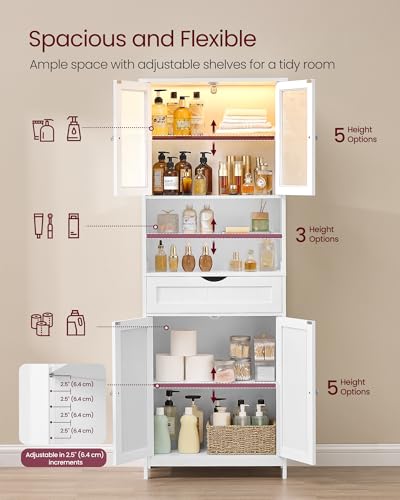 VASAGLE Storage Cabinet with LED Lights, Freestanding Storage Unit with Adjustable Shelves, Drawer, Open Compartments, for Bathroom, Living Room, Kitchen, Cloud White UBBC767WH01S - Image 6