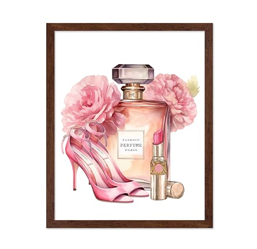 Image of Poster Master Pink Designer Print - Fashion Poster - Shoes, Lipstick & Perfume Art - Chic Gift for Women & Fashionista - Glam Decor for Bedroom or Girl's Room - 11x14 Brown Framed