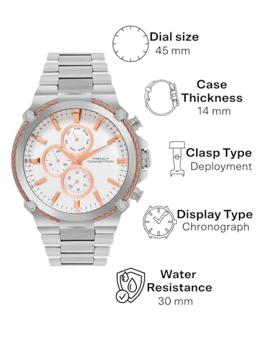 Image of French Connection Astro Multifunction White Round Dial Stainless Steel Strap | Casual | Premium | See Through Feature | Sunray Feature Wrist Watch for Men - FCH18SM