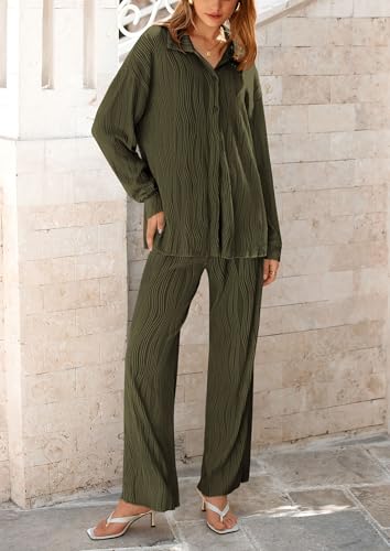 PRETTYGARDEN Women's 2 Piece Sets 2025 Fall Casual Textured Button Down Shirt Wide Leg Pants Outfits Loungewear Tracksuit3