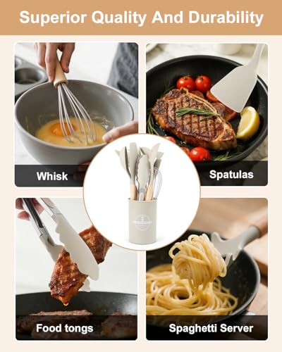 12 Piezas Utensilios Cocina de Silicona, Resistente al Calor Antiadherente, Juego de Utensilios de Cocina de Silicona,Apto para lavavajillas,Accesorios cocina,Juego de cubiertos con cubo(Caqui) - imagen 6