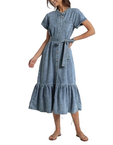Image of Kedera Summer Button Down Denim Shirt Dresses for Women Maxi Ruffle Short Sleeve Flowy Tiered Beach Sun Dress
