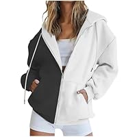 2025 Sweat A Capuche Femme Zippé,La Mode Épissure Double Couleur Manches Longues Chic Streetwear avec Poches,Oversize Grande Taille Veste Hoodie Automne Hiver Coton Sweat Polaire sans Capuche