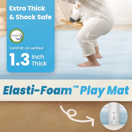 Image of 1.3 inch Thick Baby Play Mat for Floor, 28x72 Foam Tummy Time Mat, Padded Support Soft Plush Bedside Rugs for Infant Kids Toddler Crawling Kick Activity (Ice Blue)