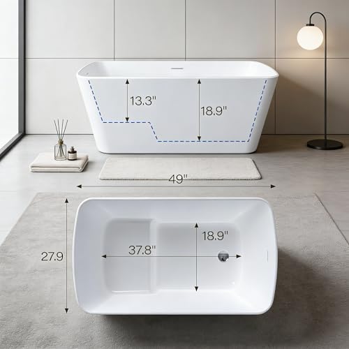 Image of Acrylic Freestanding Bathtub, Soaking Tub with Seat, Toe-Tap Drain, Slotted Overflow, Deep Ergonomic Design, cUPC Certified, Glossy White, 49 inch