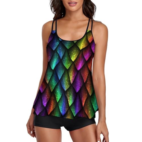 Maillot de bain tankini écaille arc-en-ciel femme avec shorty de bain et robe plage
