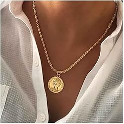 Collar Medalla Dorada Allereya Boho Moneda Medallón Collar Cabeza Dorada Moneda Colgante Collar Retro Disco Gargantilla Collar Vintage Retrato Moneda Collares Twist Cadena Collar Joyería para Mujeres y Niñas