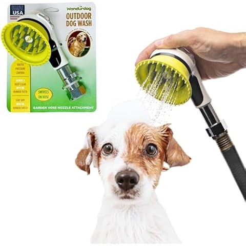 Wondurdog Outdoor Dog Wash Garden Hose Nozzle for Bathing and Quick Paw Rinses. Splash Shield Handle and Rubber Grooming Brush. Metal Connection. Swivels on Hose with Water Pressure Control. Cover