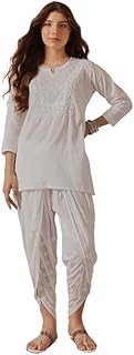 Ada Women Cotton Solid Hand Embroidered Short Kurti with Dhoti Pant Lucknowi Chikankari Kurti Set A811329 White