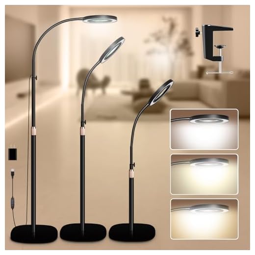 HITTI 10X Magnifying Glass with Light and Clamp, Hands Free Magnifying Floor Lamp with Flexible Gooseneck, 3 Color Stepless Dimmable LED Lighted Magnifier Light Stand for Esthetician Craft Close Works