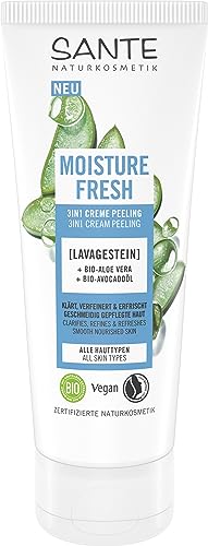 SANTE Naturkosmetik Moisture Fresh 3in1 Creme Peeling mit Lavagestein, Bio-Aloe Vera & Bio-Avocadoöl, klärende Gesichtsreinigung, für eine erfrischende und porentiefe Reinigung, 100ml