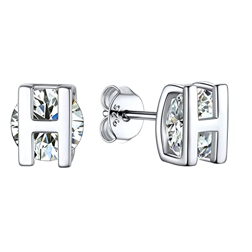 925 Sterling Silver Trendy Initial Earrings for Women, Yellow Gold/Rose Gold Plated/Cubic Zirconia Solid Silver A-Z Dainty Letter Hypoallergenic Ear Studs, Come Gift Box H 05 Cz Initial