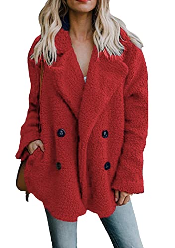 OMZIN Chaqueta De Invierno Damas Otoño Invierno Abrigos Mujeres Cálidas Faux Marcas De Moda Solapa Terciopelo Teddy Fleece Elegante Fiesta Informal Parka Rojo L