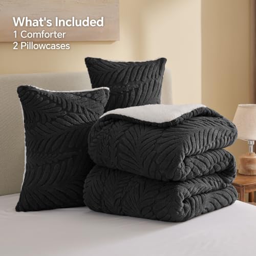 Image of BEDELITE Fluffy Sherpa King Comforter Set,Leaf-Black