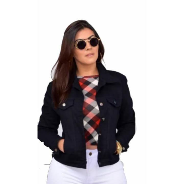 Jaqueta Jeans Básica Feminina (BR, Alfa, G, Regular, Regular, Preto)
