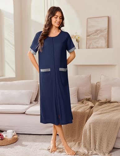 Ekouaer Zip Up Robes for Women Long Waffle Knit Bathrobe Lightweight house coat Soft Full Length Nightgown with Pockets S-3XL2