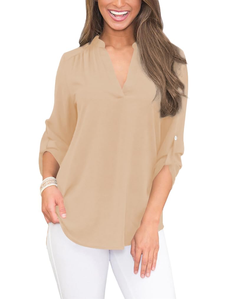 Poetsky 2025 Womens Tops 3/4 Length Sleeve Shirts V Neck Blouses Dressy Casual Pleated Tunic Tops Roll Up