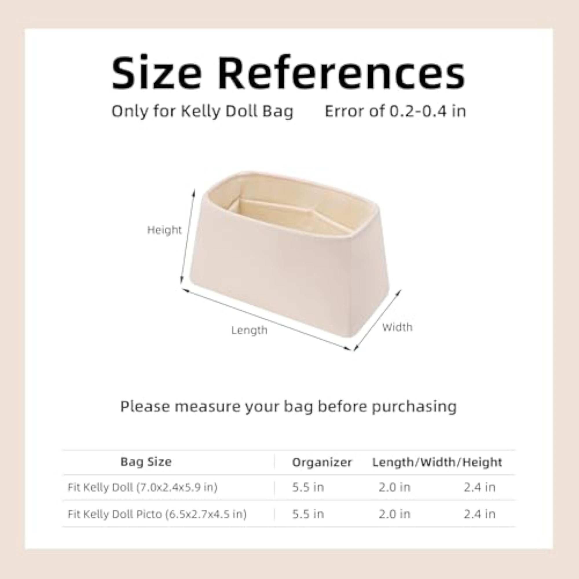 Silk Purse Organizer Insert for Hermes Kelly Doll Bag