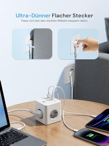 Steckdosenwürfel mit USB,8 in 1 Steckdosenleiste Flachstecker mit Schaltbar,4 Fach Steckdosenleiste mit 4 USB… – Ansicht 3