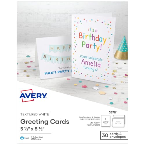 Avery Printable Half-Fold Greeting Cards, Envelopes Included, 5.5' x 8.5', Textured White, Inkjet Printer Compatible, 30 Blank Cards Total, Great for Product Branding, Marketing, and More (3378)
