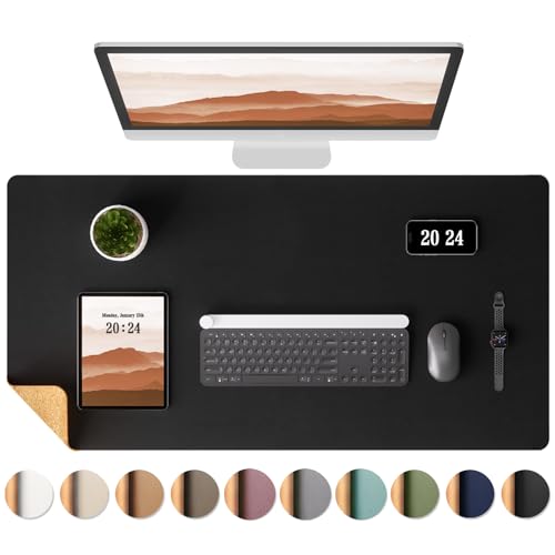 Aothia Tappetino scrivania in sughero, Sottomano scrivania bifacciale con sughero naturale e pelle PU, Tappetino per mouse/tappetino pc, Impermeabile per ufficio/casa/decoro (Nero,90x40cm)