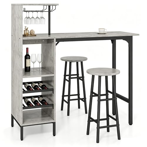 LIFEZEAL Lot Table Bar avec 2 Tabourets, Mange-Debout et Chaises avec Repose-Pieds, Meuble avec Porte-gobelet et 5 Étagères, Table Bistrot Acier Industriel,...
