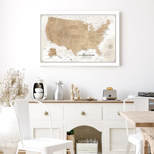 Image of IPIC - Vintage US Map for Travel, Pin Board Canvas Wall Art, Travel Map with Pins Included, Ready to Hang for Home or Office, 24x16 Inch